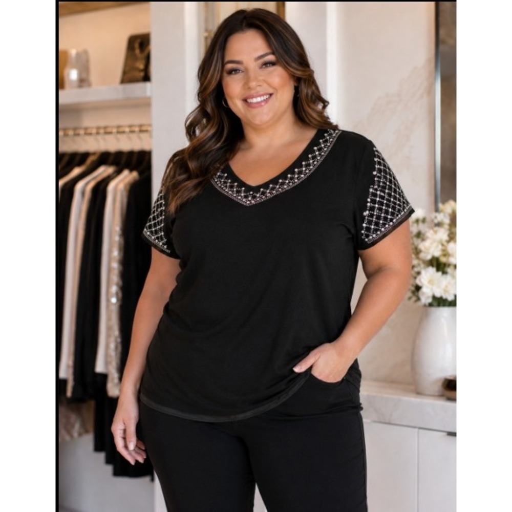 Vocal Black Rhinestone V Neck Top Women‎ 3XL Plus Sheer Flutter Sleeve